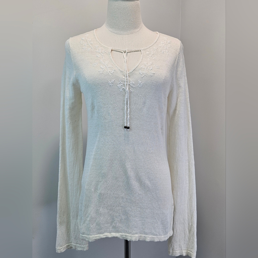 Gap Womens 100% Linen Pullover Sweater Small Embroidered Chest with Tie Ivory